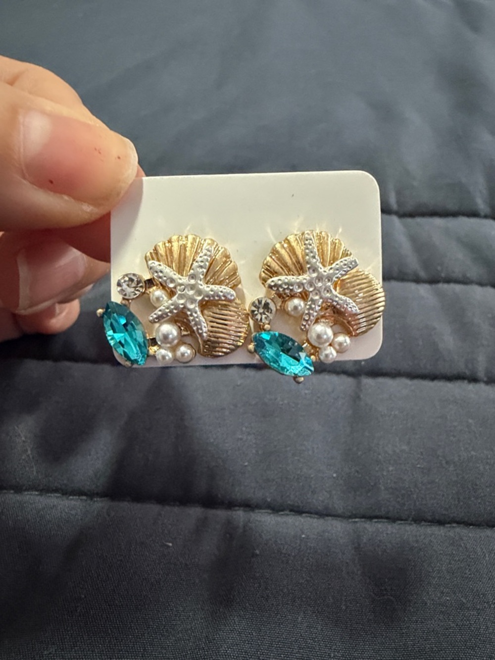 Gold Starfish & Teal Crystal Pearl Stud Earrings